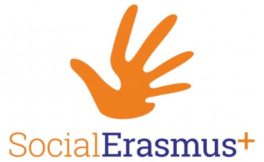 SocialErasmus-Logo mit abstrakter oranger Handfläche