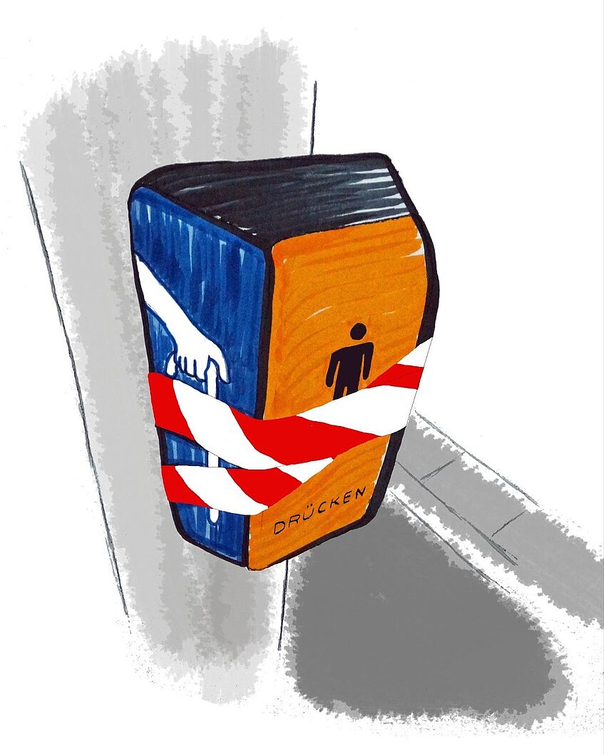 a drawing of a pedestrian crossing signal device with barrier tape wrapped around it