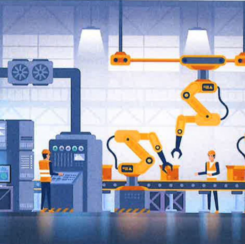 Illustration eines Produktionsbands mit zwei Roboter und zwei Menschen