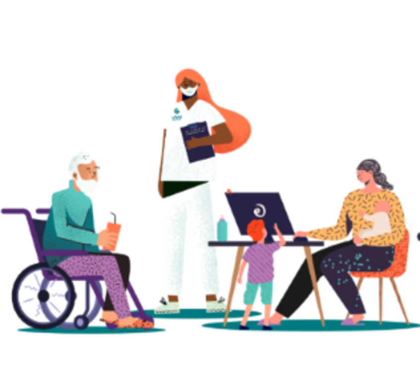 Illustration eines Menschen im Rollstuhl, eine*r medizinischen Angestellte*n und einer Mutter vor einem Computer mit zwei Kindern